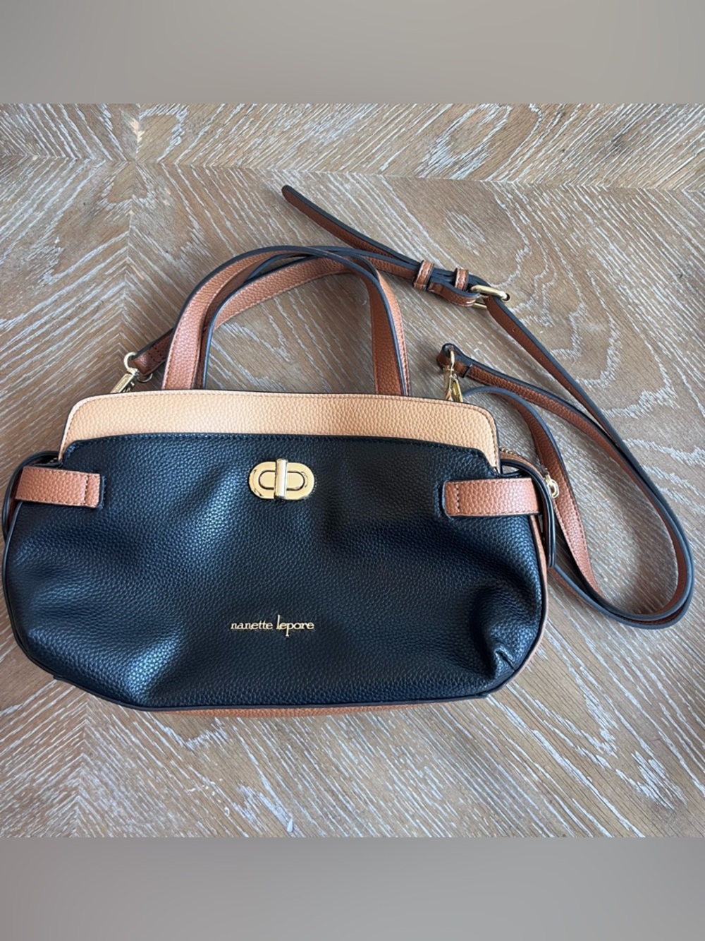 Nanette Lepore Black and Tan Pebbled Leather Crossbody Satchel